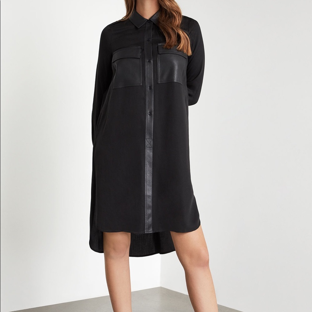BCBG MAXAZRIA FAUX LEATHER TRIM SHIRT DRESS